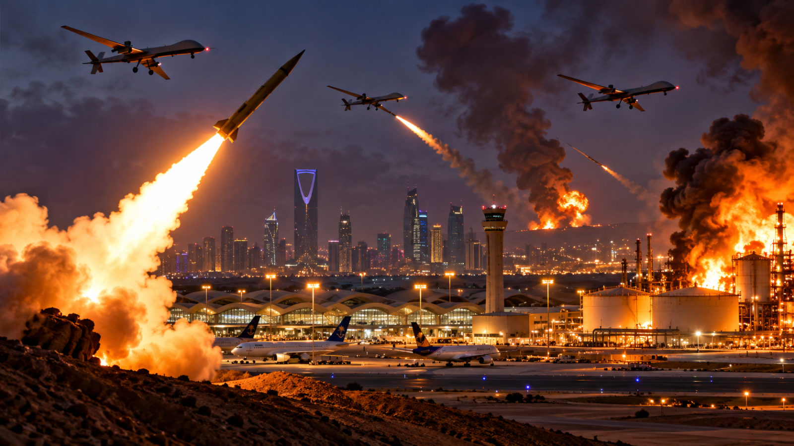 Houthis Claim Missile and Drone Attacks on Riyadh Airport, Aramco Facility